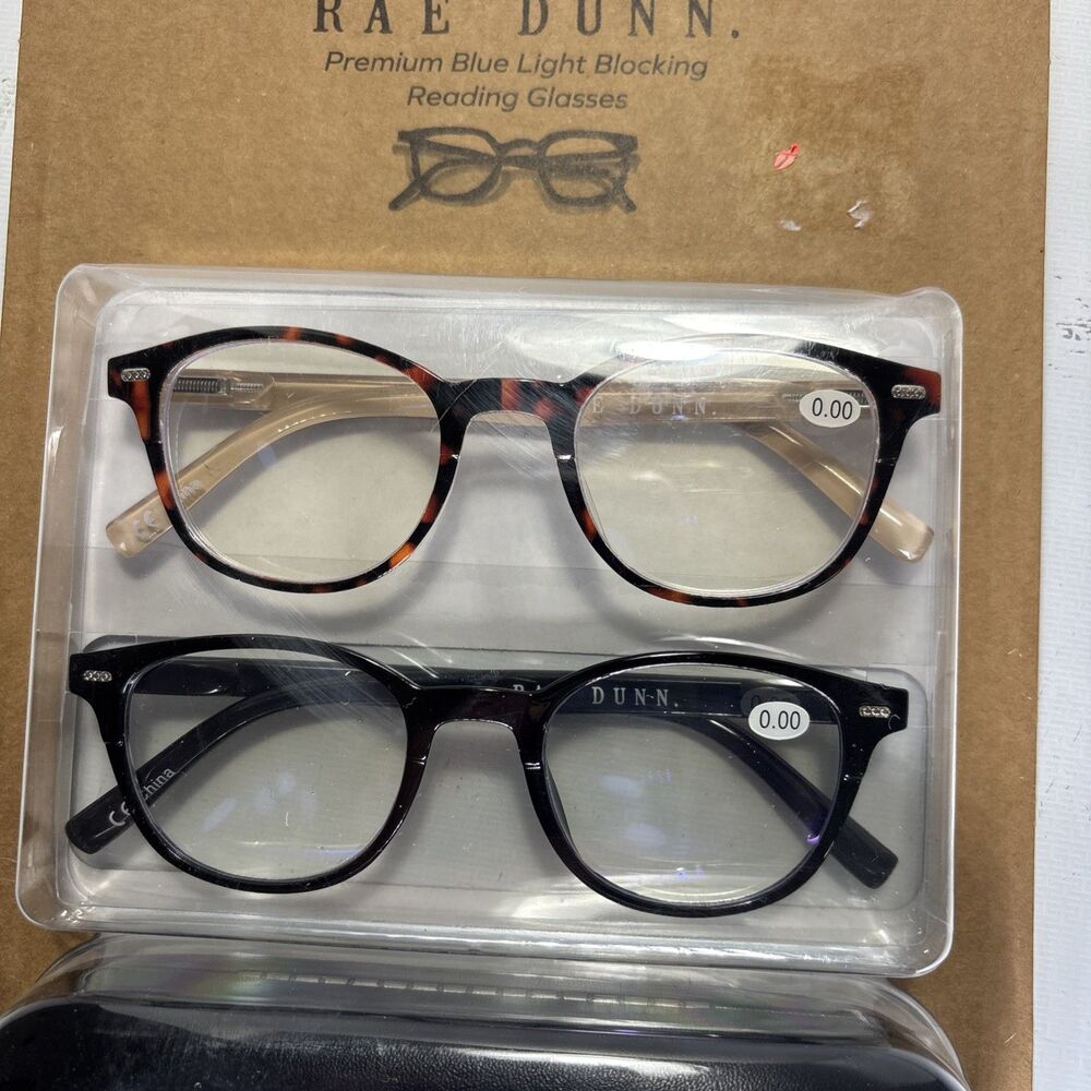 Rae Dunn  2 Pair Blue Light Blocking Reading Glasses & 1 Case  ~ Brown & Clear - Picture 4 of 13